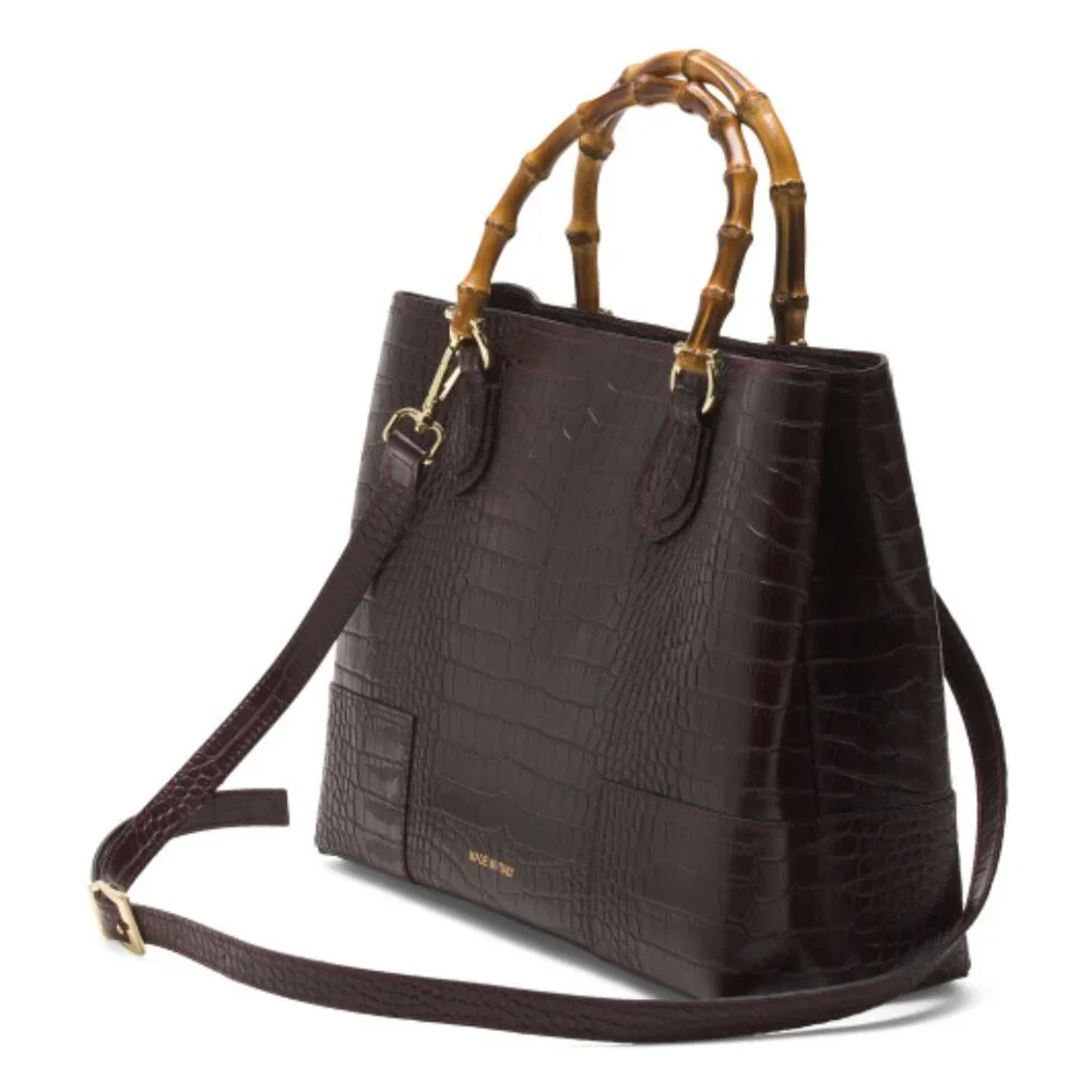 NWT ✅ Pratesi Firenze Italian K291 Triple Compartment Croc Leather Bag BROWN